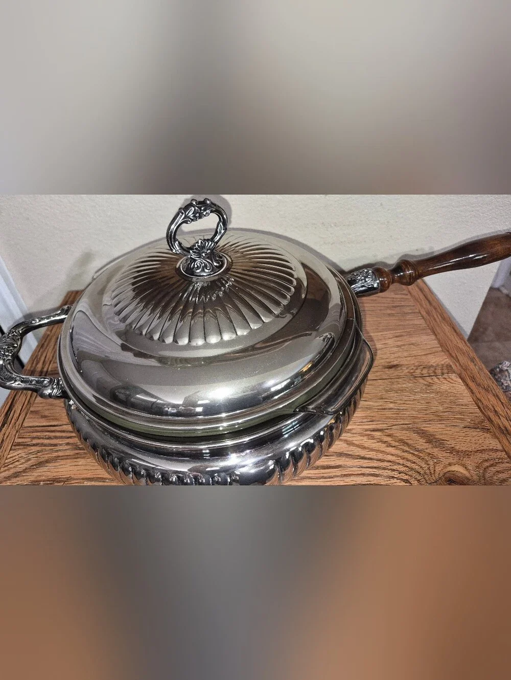 Vintage Silver-plated covered casserole or chafing dish w Insert & Wooden Handle
